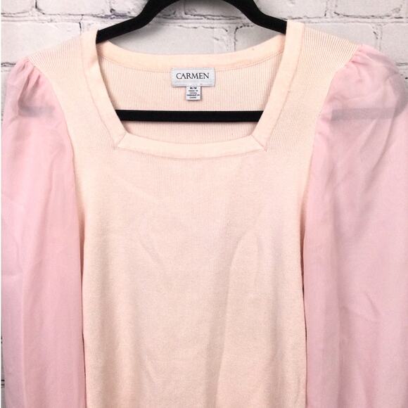 Carmen Marc Valvo Square Neck Sheer Sleeve Lightweight Ribbed Knit Pullover M - Picture 2 of 12